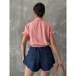 Topshow Women's Orange Plaid <b>Elastic</b> <b>Waistband</b> Shirts Wholesale Blouses & Shirts - Product Image 1