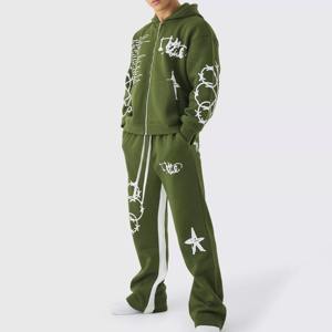 Chándal informal OEM para hombre, chándal de lana de algodón de dos piezas a la moda, cuello con capucha, cremallera, patrón sólido, logotipo personalizado impreso - Product Image 1