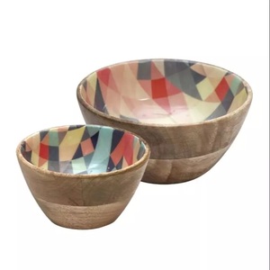 Bol en bois de mangue et imprimé Bol de service naturel avec revêtement en émail Bols de service pour salade de fruits et pâtes à vendre - Product Image 6
