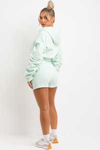 Vente en gros personnalisé menthe 2 pièces femmes froncé Crop Zip Hoodie & Shorts ensemble de survêtement femmes respirant ensemble de survêtement deux pièces - Product Image 2