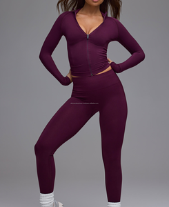 Traje de Yoga estirable de cintura media con estilo sólido de alta calidad para mujer, chaqueta con cremallera, mallas transpirables, cómodas y flexibles de verano - Product Image 1