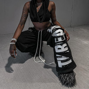 Custom Rhinestone Screen Printed <b>Baggy</b> Wide Leg Sweat Pants Oversized Mid Waist Cotton Knit <b>Jogger</b> Trousers Dark Wash Casual - Product Image 4