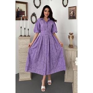 Vestido Midi Lila con Mangas Abullonadas Plisadas - 100% Algodón Tejido, Cintura Natural, Color Sólido - Product Image 1