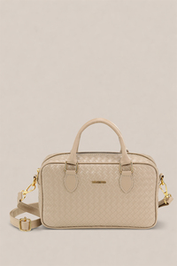 Sac Boston en cuir PU beige à motif tissé pour femme avec logo personnalisé, poignée supérieure, sac à bandoulière, fabricant OEM ODM sous marque privée - Product Image 1