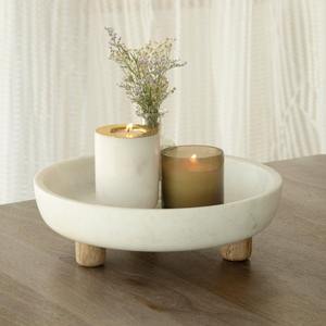 Bol en marbre blanc de luxe avec pieds en bois massif, centre de table décoratif, bougies, fleurs, accessoires de style, moderne - Product Image 1