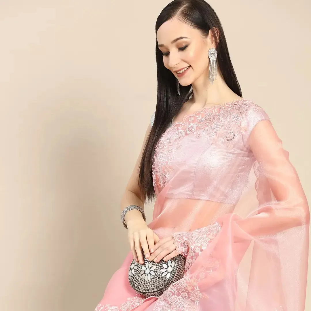 ORGANZA LỤA Saree với công việc Thêu đẹp và chuỗi ngọc trai lụa áo cho đám cưới