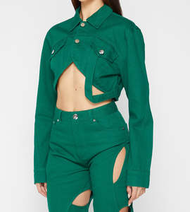 Chaqueta de mezclilla verde para mujer, talla XL, venta al por mayor, Chaqueta de algodón de diseño personalizado, estilo recortado, estampado de botones frontales, Otoño e Invierno sólido - Product Image 2