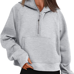 Women <b>Cropped</b> Hoodies Fleece Half <b>Zip</b> Pullover Trendy Quarter <b>Zip</b> <b>up</b> Sweatshirts Hooded Winter Clothes With Pockets - Product Image 1