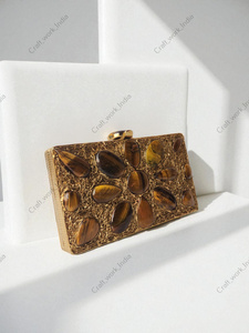 Tiger Eye Gemstone Panelled Clutch with Polished Cabochon Stones Gold Textured Frame Handcrafted Luxury Statement <b>Bag</b> gift her - Product Image 4