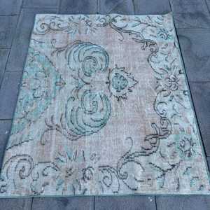 Tapis turc 3,5 x 4,4 pieds, tapis d'appoint vintage, tapis oriental bleu et marron - Product Image 1