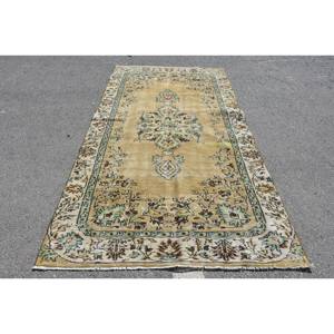Tapis vintage en laine écologique de style traditionnel turc Aubusson patchwork en latex, couleur or vert, 4,7 x 8,8 pieds, grande surface pour salle à manger - Product Image 1