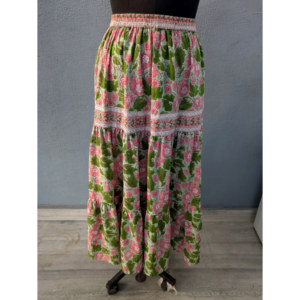 Jupe maxi décontractée bohème pour femme, en coton écologique, à imprimé artisanal, à volants, ajustable, longueur cheville, avec sequins contrastés - Product Image 6