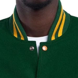 แจ็คเก็ตเบสบอลบอมเบอร์สีเขียวสำหรับทุกเพศเสื้อแจ็กเก็ตทีมเบสบอลแขนหนังสีและโลโก้แบบกำหนดเอง - Product Image 5