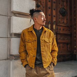 เสื้อแจ็คเก็ตผ้าลูกฟูกสีขาวสำหรับผู้ชาย สไตล์สตรีทแวร์ เสื้อโค้ทผ้าลูกฟูกสำหรับฤดูหนาว เสื้อโค้ทลำลองติดกระดุมสำหรับผู้ชาย - Product Image 3