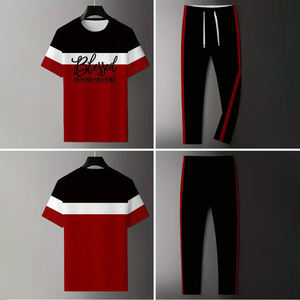 Conjunto de camiseta informal de bloque de color para hombre, 2 camisetas y pantalones de manga corta con cuello redondo - Product Image 5