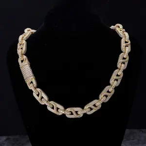 Cadena cubana de eslabones gruesos de 14 mm con diamantes incrustados, chapada en oro, estilo hip hop. - Product Image 6