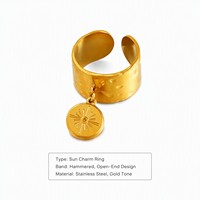 Sonnen-Charm-Ring aus Edelstahl in Goldton, Offener Ring mit Hammerschlag-Optik, Vintage Französischer Stil für Damen, Großhandel