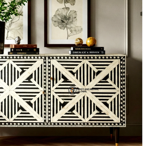 Buffet en bois massif avec incrustations artisanales en os et en résine, motif diamant audacieux, style moderne monochrome, pour salon ou bar à domicile - Product Image 5