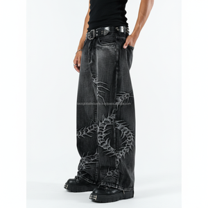 กางเกงยีนส์ทรงหลวมสไตล์โกธิค Y2K ฮิปฮอป สำหรับผู้ชาย ลายปักแมงป่อง ขากว้าง - Product Image 2