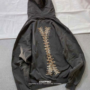 Diseño personalizado 100% algodón manga larga lavado ácido hueso estampado Sudadera con capucha Y2K Zip Up sudaderas con capucha desgastadas - Product Image 2