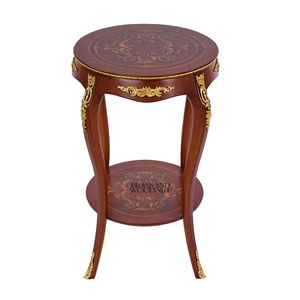 Mesa Auxiliar Redonda de Dos Niveles de Caoba de Lujo con Incrustaciones Florales y Detalles Ornamentales de Latón Dorado para Decoración Clásica del Hogar - Product Image 1