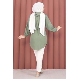 เสื้อฮิญาบสีกากีแบบเรียบง่าย คอปกสองชั้น พร้อมเชือกรูดเอว สไตล์แฟชั่น - Product Image 4