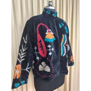 Boho Chic Retro Chic Free Size XL <b>Jacket</b> Hand Embroidered Black Floral Velvet Suzani Open Front Winter Coat and Robe - Product Image 4