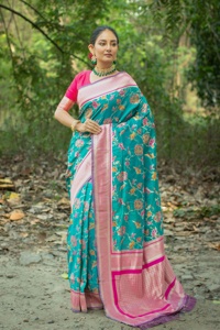 Soie douce Banrasi Katan avec beau motif de tissage floral Saree Femme Exportateur et fournisseur de mode de l'Inde - Product Image 3