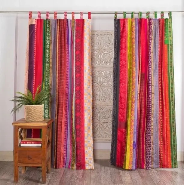Vintage Silk Saree Patchwork Curtain Indian Home Decor Colourful