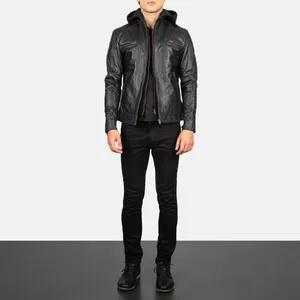 Veste en cuir véritable noir pour homme, avec capuche, boutique en ligne du Pakistan