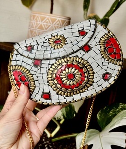 Elegant Metal Mosaic <b>Clutch</b> with Pearl Strap Handmade Engraved Party Purse for <b>Brides</b> and Fashionable Evenings - Product Image 1