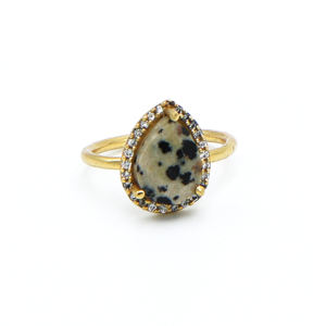 Designer Dalmatian Jasper Pear <b>Adjustable</b> <b>Ring</b> | 18K Gold Plated Handmade Brass Jewelry | Wedding | Export Factory Supplier - Product Image 1
