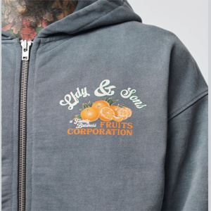 Sweat à capuche zippé graphique personnalisé OEM pour homme, gris, effet délavé vintage, imprimé fruits, vêtement de sport, vêtement d'extérieur, haut pour homme - Product Image 5