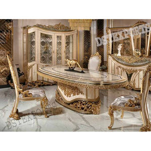 ชุดรับประทานอาหารสำหรับครอบครัวหรูหราสไตล์ยุโรปดีไซน์ทันสมัยไม้สักโต๊ะเก้าอี้มืออาชีพทนทานสีดำขัดเงาทอง - Product Image 6