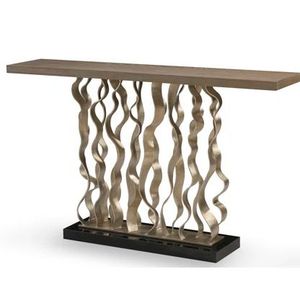 Bandes serties Tables consoles rectangulaires en laiton antique en métal avec dessus de table en marbre - Product Image 1