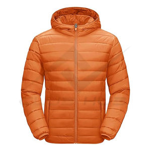 Chaqueta acolchada naranja ligera para deportes al aire libre de diseño personalizado con capucha fabricante de prendas de vestir exteriores resistentes al agua en Pakistán - Product Image 1