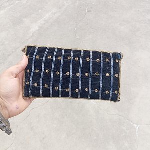 Black <b>Velvet</b> Glass Beaded <b>Clutch</b> Blue Floral Wedding Evening <b>Bag</b> Hand Beaded Braided Shoulder Strap Retro Purse MS Handicraft - Product Image 6