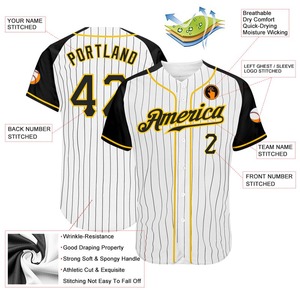 Camiseta de béisbol con mangas raglán auténtica blanca personalizada con rayas negras y ropa deportiva con estampado de oro y negro - Product Image 4