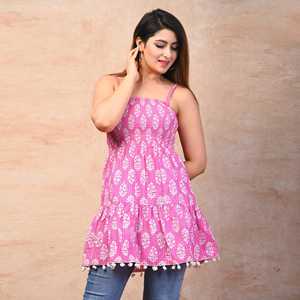 Débardeur Femme Smocké Imprimé Floral en Coton Rose - Product Image 2