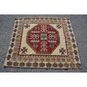 พรมสีเบจสไตล์ตุรกีโบราณขนาด4.5x3.9ฟุต10มม. ขนสัตว์ด้านหลังเย็บปะติดปะต่อกันลายทางดีไซน์สำหรับห้องนั่งเล่นห้องโถงใหม่ - Product Image 1