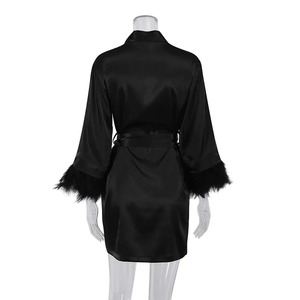 <b>White</b> Feather Robe With Fur Full Sleeves Sleepwear Satin Robes For Women Nightgown Bride Robe Gown Dress Bathrobe Female - Product Image 6