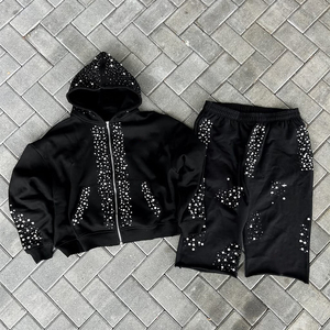 Ensemble survêtement homme hiver streetwear personnalisé, sweat à capuche et pantalon de survêtement unis, effet délavé, coupe oversize, fermeture éclair intégrale, léger - Product Image 2