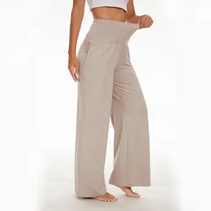 Pantalones de Pierna Ancha de Cintura Alta para Mujer, Color Sólido, Corte Holgado, Cintura Elástica, Pantalones Casuales de Verano de Punto de Algodón y Elastano con Bolsillos - Product Image 2