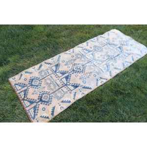 Tapis de 2,5 x 6,6 pieds, tapis turc vintage, tapis oriental en laine bleu et blanc - Product Image 3