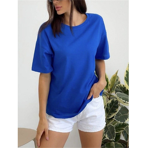 Camiseta básica de alta calidad para mujer, venta al por mayor, camiseta de manga corta con cuello redondo Regular de Color sólido para mujer - Product Image 3