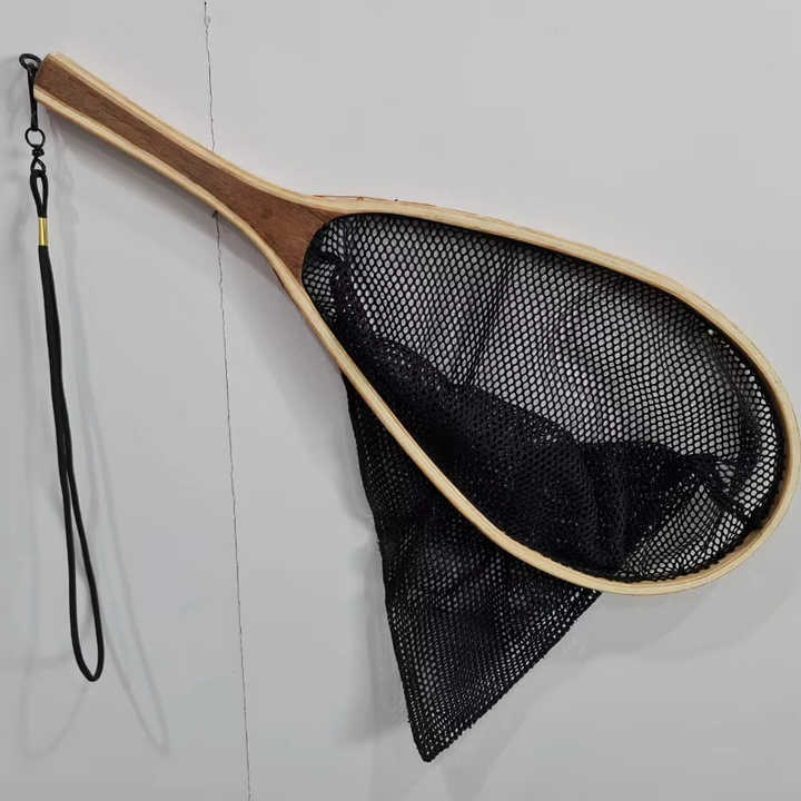 High Quality Customize Wooden Fly Fishing Trout Net with Mesh Net and Long Elastic Hanging Hook