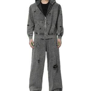 Sudadera con cremallera de diseño personalizado, sudadera desgastada con logotipo personalizado para hombre, sudaderas con cremallera desgastada con lavado ácido, forro polar de algodón 100% - Product Image 2