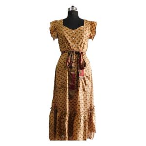 green emerald velvet dress 1970s Vintage Yarn Embroidered & Fringe Maxi Dress Chevron Panels Hipp main image 1