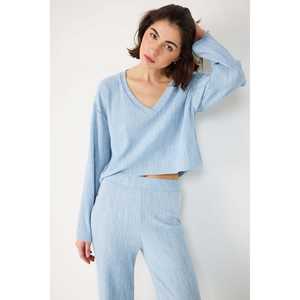 Blusa Casual de Cuello Redondo Acanalado, 100% Poliéster, Suave, con Mangas Cortas y Largo Completo - Product Image 1