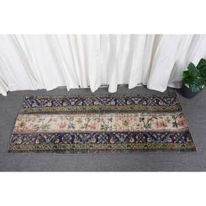 Tapis Vintage en Laine Turque de 19X48 Pieds, Tissage Plat Patchwork Bleu et Beige pour Décorations de Salon, Support en Latex - Product Image 1